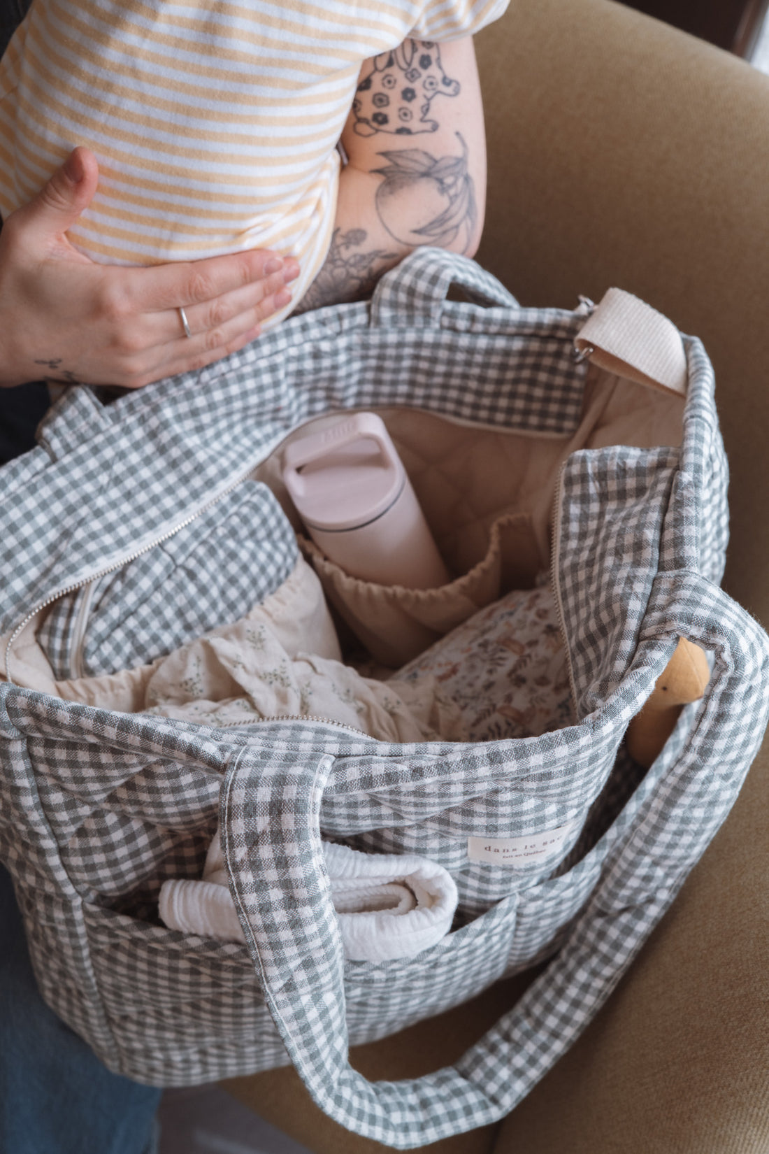 sac a couches vichy sauge ouvert
