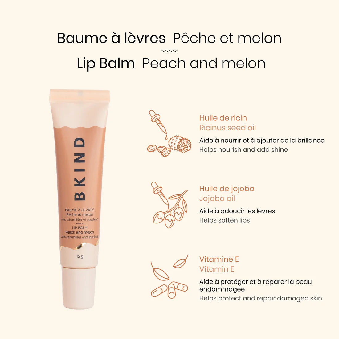 Baume à lèvres nourrissant aux céramides et squalane, parfum pêche et melon, pour hydrater et protéger les lèvres sèches. dans le sac