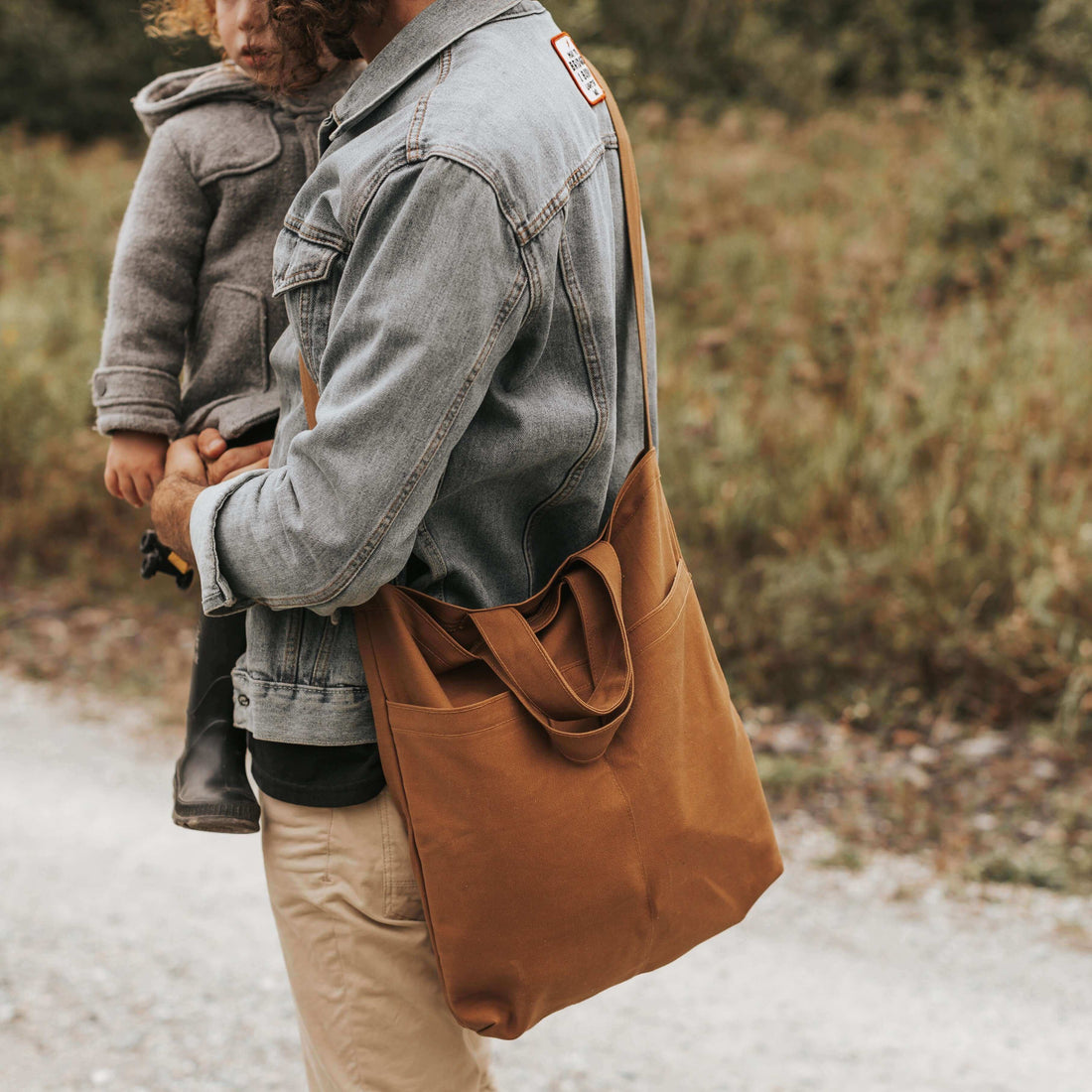 men wearing Double pocket tote bag made in quebec